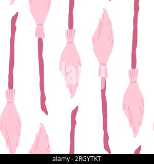 Witch seamless pattern. Elements for witches at school of magic in doodle style on white background - pink flying brooms for girls. Minimalistic Halloween pattern on white background. Vector illustration Stock Vector