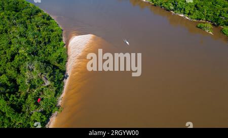 The Amazon rivers in the summer season present white sand beaches, Amazonian beaches that are not common in many places, only in the Amazon Stock Photo