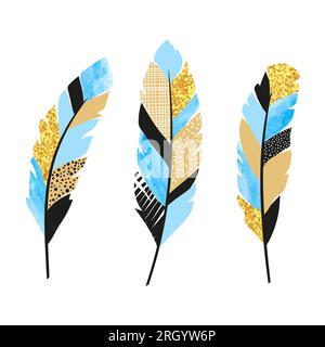 Set of blue and golden feathers. Vector illustration. Stock Vector