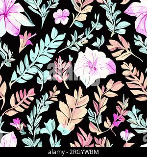 Trendy Floral pattern in the many kind of flowers. Tropical botanical pattern. Seamless vector texture. Hand drawn style on dark background. Seamless Stock Vector