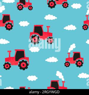 Seamless hand drawn red tractor pattern for kids design. Stock Vector