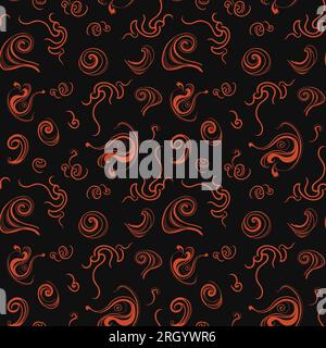 Seamless pattern orange smoke on a black background. Curls and swirls of smoke. Vector illustration Stock Vector