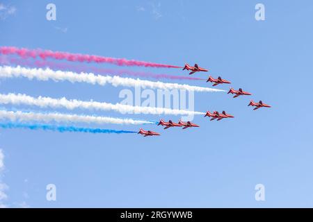 Edinburgh, UK. 12th Aug, 2023. Edinburgh . Scotland. Red Arrows fly past. 12 August 2023 The Red Arrows fly over Edinburgh prior to The Royal Edinburgh Military Tattoo (Photo Credit: David Mollison/Alamy Live News Stock Photo