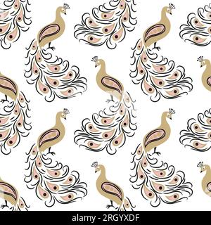 Seamless hand drawn golden peacock bird pattern Stock Vector