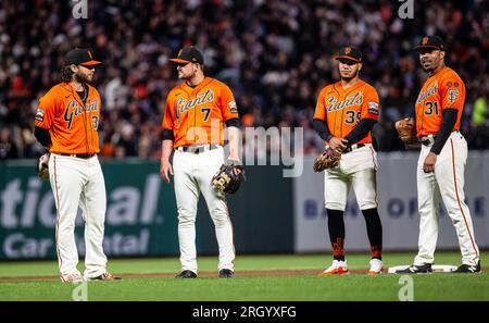 San Francisco, USA. August 13 2023 San Francisco CA, U.S.A. San Francisco  third baseman J.D. Davis (7), shortstop Brandon Crawford (35), second  baseman Thairo Estrada(39), and first baseman LaMonte Wade Jr.(31) standing