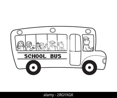 School bus with multi-ethnic group of happy young students and a driver. Black and white drawing isolated on white background. Stock Photo