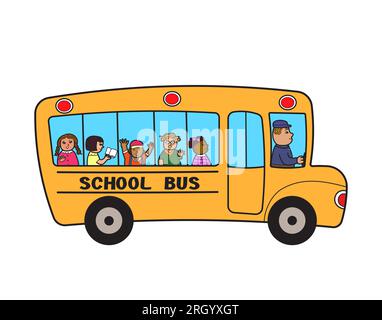 Yellow school bus with multi-ethnic group of happy young students and a driver. Illustration drawing isolated on white background. Stock Photo