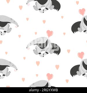 Seamless vector pattern with cute cartoon ant eater and hearts. Valentines day illustration. Stock Vector