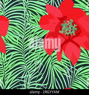Summer background with red tropical flowers, green palm leaves, pink ...