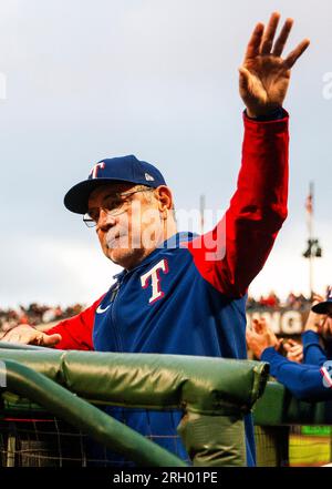 August 11 2023 San Francisco CA, U.S.A. Texas Rangers Manager Bruce Bochy(15) acknowledges the fans as he receives a standing ovation during MLB game between the Texas Rangers and the San Francisco Giants. Texas beat San Francisco 2-1 at Oracle Park San Francisco Calif. Thurman James/CSM (Credit Image: © Thurman James/Cal Sport Media) Stock Photo