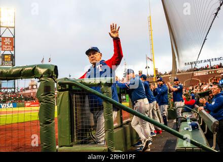 August 11 2023 San Francisco CA, U.S.A. Texas Rangers Manager Bruce Bochy(15) acknowledges the fans as he receives a standing ovation during MLB game between the Texas Rangers and the San Francisco Giants. Texas beat San Francisco 2-1 at Oracle Park San Francisco Calif. Thurman James/CSM (Credit Image: © Thurman James/Cal Sport Media) Stock Photo