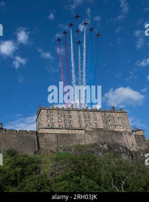 Edinburgh, UK. 12th Aug, 2023. Edinburgh Tattoo - the Red Arrows 12/08/23 As part of the Edinburgh Tattoo the World famous Royal Air Force Aerobatic team, the Red Arrows, fly over Edinburgh Castle, Edinburgh, Scotland, UK Credit: Ian Jacobs/Alamy Live News Stock Photo