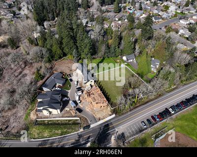 Aerial photos of suburban housing encroachment around one of the last tracts of farmland in the area. Stock Photo