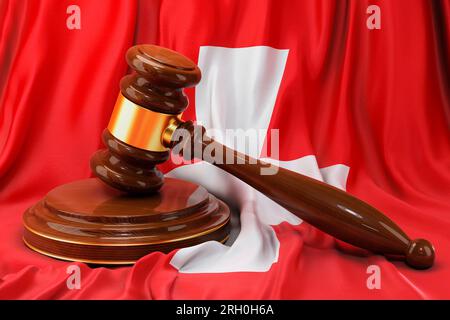 Swiss law and justice concept. Wooden gavel on flag of Switzerland, 3D rendering Stock Photo