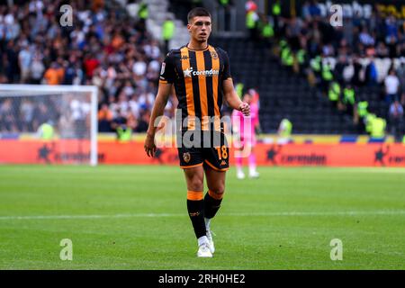 Hull, UK. 28th July, 2023. Xavier Simons of Hull City during the Sky Bet Championship match Hull City vs Sheffield Wednesday at MKM Stadium, Hull, United Kingdom, 12th August 2023 (Photo by Ryan Crockett/News Images) in Hull, United Kingdom on 7/28/2023. (Photo by Ryan Crockett/News Images/Sipa USA) Credit: Sipa USA/Alamy Live News Stock Photo