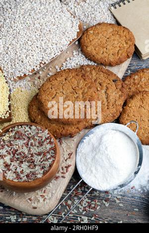 oatmeal cookies with the addition of dried fruits and various types of nuts, including peanuts, wheat-oatmeal cookies with peanuts Stock Photo