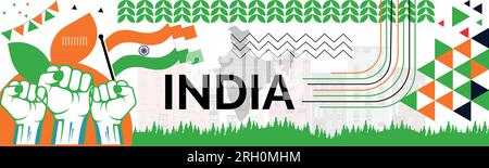 INDIA Map and raised fists. National day or Independence day design for INDIA celebration. Modern retro design with abstract icons. Vector Stock Vector