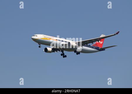 The Nordwind Airlines plane, Airbus A330-300 lands at Pulkovo International Airport. Stock Photo