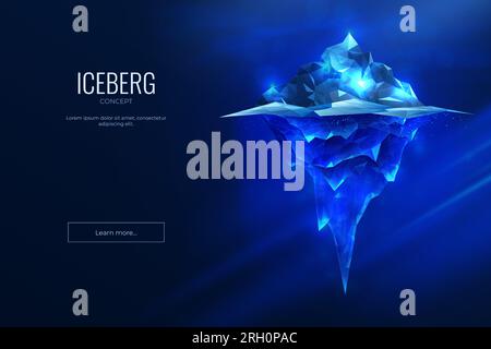 Digital iceberg. Glacier ice rock in ocean. Climate warming. Antarctica technology. Global environment. Blue polygon icy mountain hidden in arctic sea Stock Vector