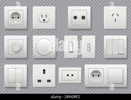 Wall switch. Power electrical socket different modern round switches vector realistic collection. Power electricity, outlet european and american illu Stock Vector