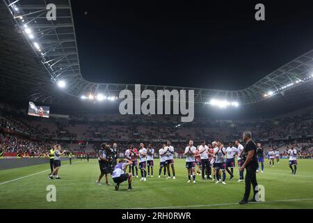 Nice, France, 11th August 2023. LOSC Lille players applaud the fans following the final whistle of   during the Ligue 1 match at Allianz Riviera Stadium, Nice. Picture credit should read: Jonathan Moscrop / Sportimage Stock Photo