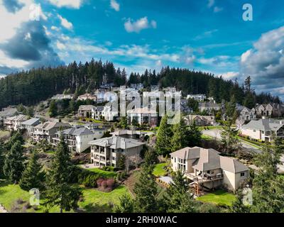 Aerial photos of an upscale neighborhood on a hillside in West Linn, Oregon. Stock Photo