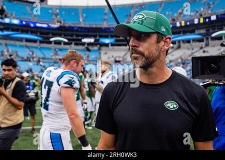 Charlotte, North Carolina, USA. August 12, 2023: New York Jets quarterback Aaron Rodgers (8) walks off after the NFL matchup against the Carolina Panthers in Charlotte, NC. (Scott Kinser/Cal Sport Media) Credit: Cal Sport Media/Alamy Live News Stock Photo