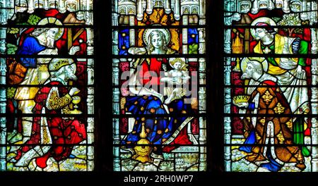 The Nativity, Christmas,  Adoration of the Magi, Three Kings, Mary, Joseph, Jesus, stained glass window, Docking church, Norfolk Stock Photo