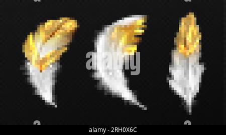 White feathers with gold glitter on edges, boho style birds plumage or  hackles with golden sparks, trendy design elements isolated on black  background, Realistic 3d vector illustration, icons set Stock Vector Image