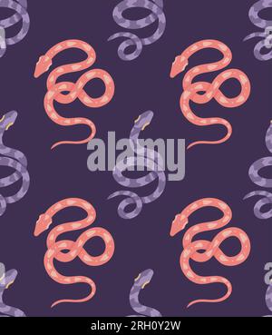 Seamless vector pattern with purple and pink snakes. Cartoon texture with pythons on purple background. Surface design with serpents for fabrics Stock Vector
