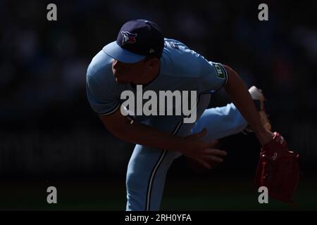 Toronto, Can. 12th Aug, 2023. Chicago Cubs relief pitcher Adbert Alzolay  celebrates his team's win over the Toronto Blue Jays at the end of ninth  inning MLB interleague baseball action in Toronto