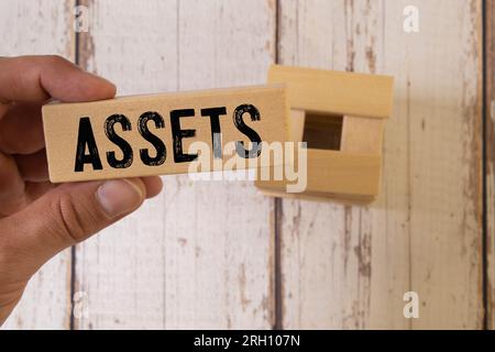assets word written on wood block, business concept Stock Photo