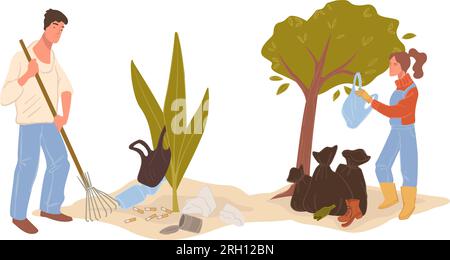 Volunteers cleaning park from trash and litter Stock Vector