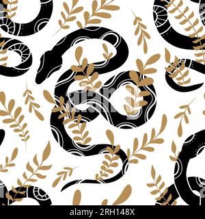 Vector seamless pattern with black snake silhouettes with tribal decorations and stems on a white background. Mystical texture with serpents and folia Stock Vector