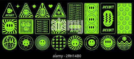 Y2k smiles. Psychedelic stickers. Trippy acid face and cool melt graphic. Happy 90s geometric bright shapes. Surreal design. Alien emoji. Neon green c Stock Vector