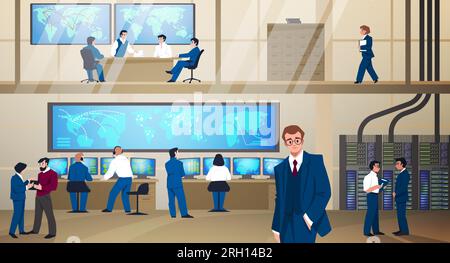 Control room. Military command center. Mission management. Employees in security operation office. Cyber work team. Electronic technology equipment. D Stock Vector