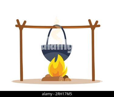 Pot over the campfire. Camping, outdoor cooking. Vector illustration Stock Vector