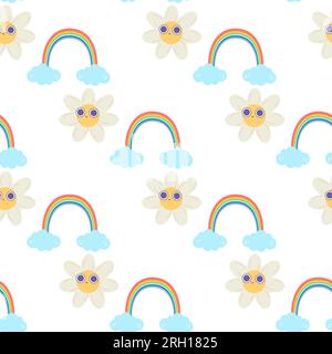 Seamless groovy baby starfish cloud rainbow pattern Stock Vector