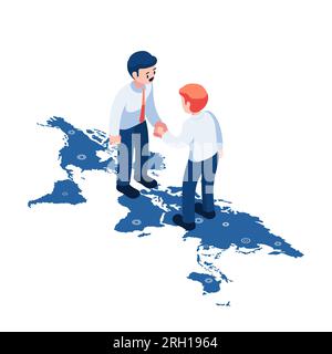 Flat 3d Isometric Businessman or Politician Shaking Hands Over World Map. International Negotiations and Global Business Concept. Stock Vector