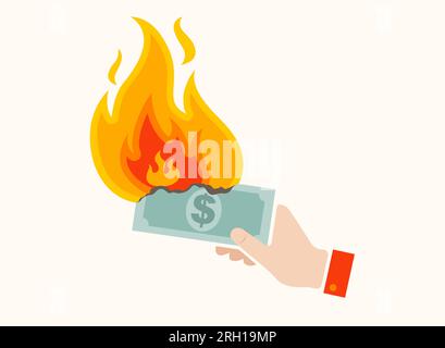 Vector flat icon of hand with cash in fire. Vector illustration of hand with dollar banknote in fire. American national debt. Stock Vector