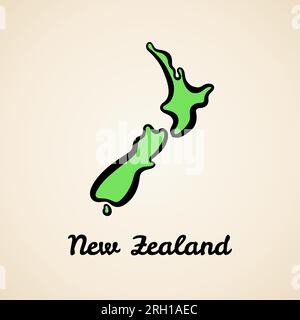 Green simplified map of New Zealand with black outline. Stock Vector