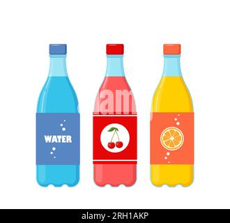 Bottles of different fizzy drinks. Soda, water, juice in plastic bottles, beverages with different flavors isolated on white background. Vector illust Stock Vector