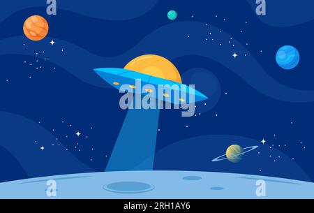 Poster with flying saucer and planets. Space. Planets, stars and comets in cartoon style. Vector illustration Stock Vector