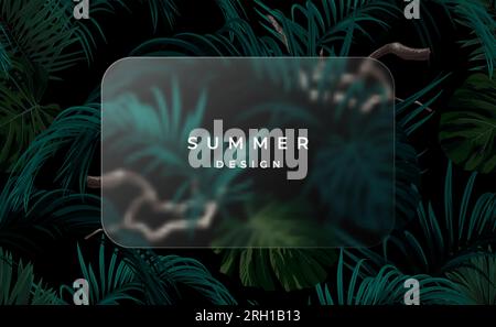 Dark tropical background with jungle plants, palm leaves and glassmorphism effect. Vector exotic backdrop with glass shape for text. Stock Vector