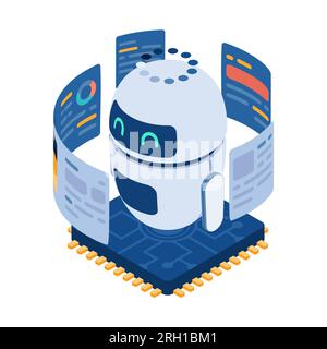 Flat 3d Isometric Ai Robot Analysis Data and Knowledge. Machine Learning and Artificial Intelligence Concept. Stock Vector