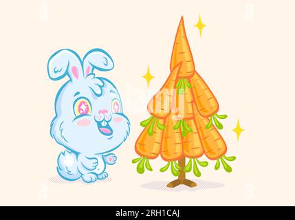 Vector illustration of a cute rabbit and carrots like Christmas tree for Chinese new year of 2023. Vector  kawaii rabbit for 2023 year. Baby bunny emo Stock Vector