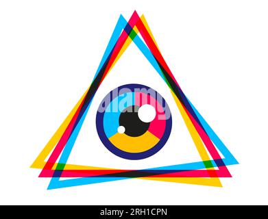 Vector vintage pyramid with eye in 90's style. Vintage vector poster with pyramid and eye. Rainbow pyramid in CMYK style. Stock Vector