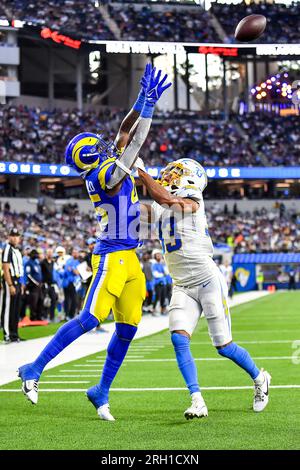 Wide receiver (82) Lance McCutcheon of the Los Angeles Rams warms up before  playing against the Los Angeles Chargers in a preseason NFL football game,  Saturday, Aug. 13, 2022, in Inglewood, Calif.