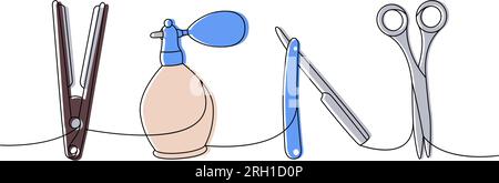 Hairdresser tools one line colored continuous drawing. Hair straightener, perfume sprayer, razor blade, scissors continuous one line illustration. Stock Vector