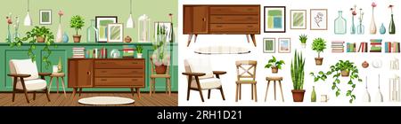 Room interior with green wall panels, an armchair, a dresser, and plenty of houseplants, vases, and pictures. Vintage interior design. Furniture set. Stock Vector